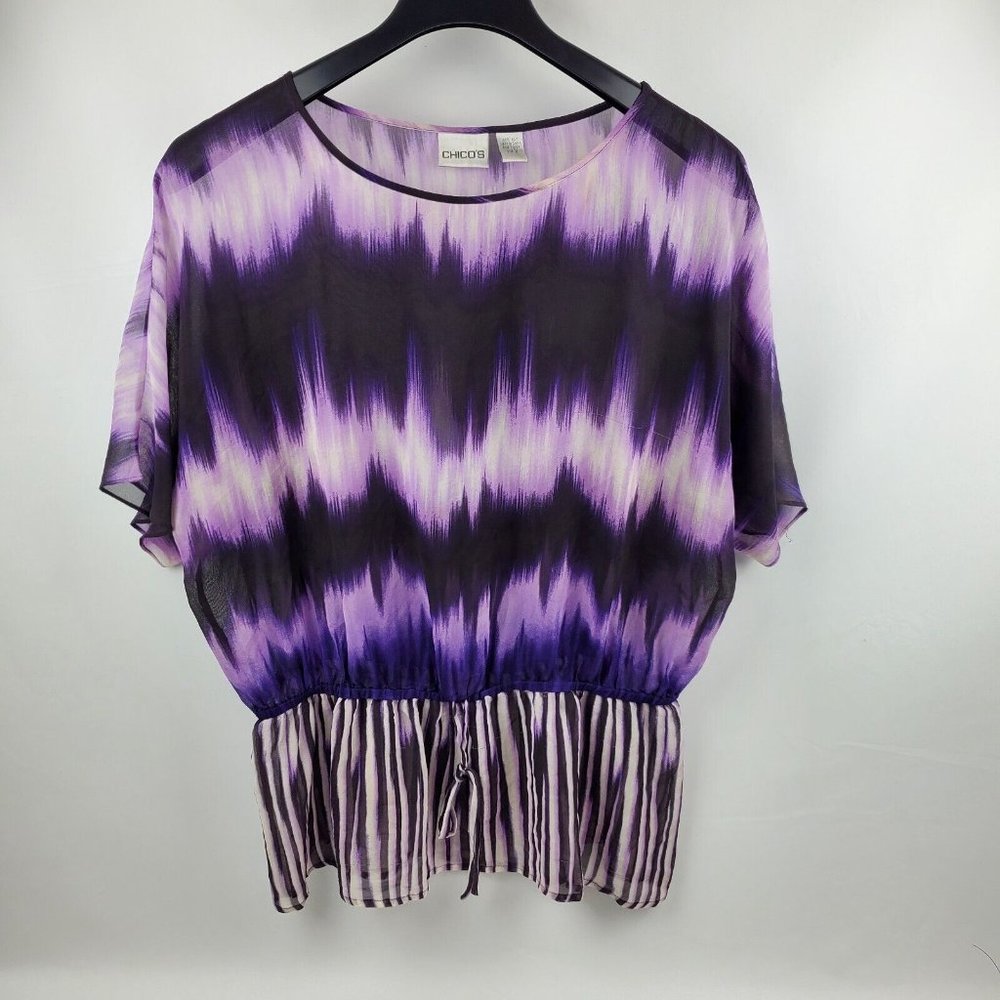 Chicos Womens Tunic Top Boat Neck Pullover Purple White Chicos Size 2=Large Silk